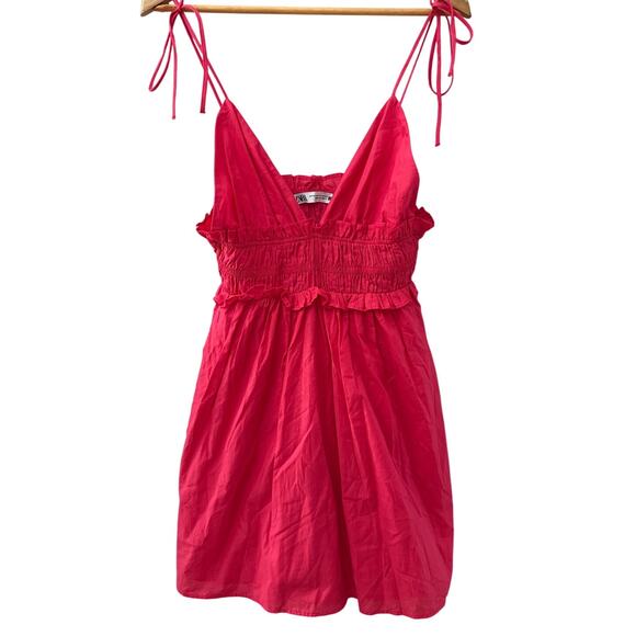 Zara Ruffled Babydoll Scrunched V-Neck Mini Dress Fuchsia Pink Size XS - Picture 3 of 11